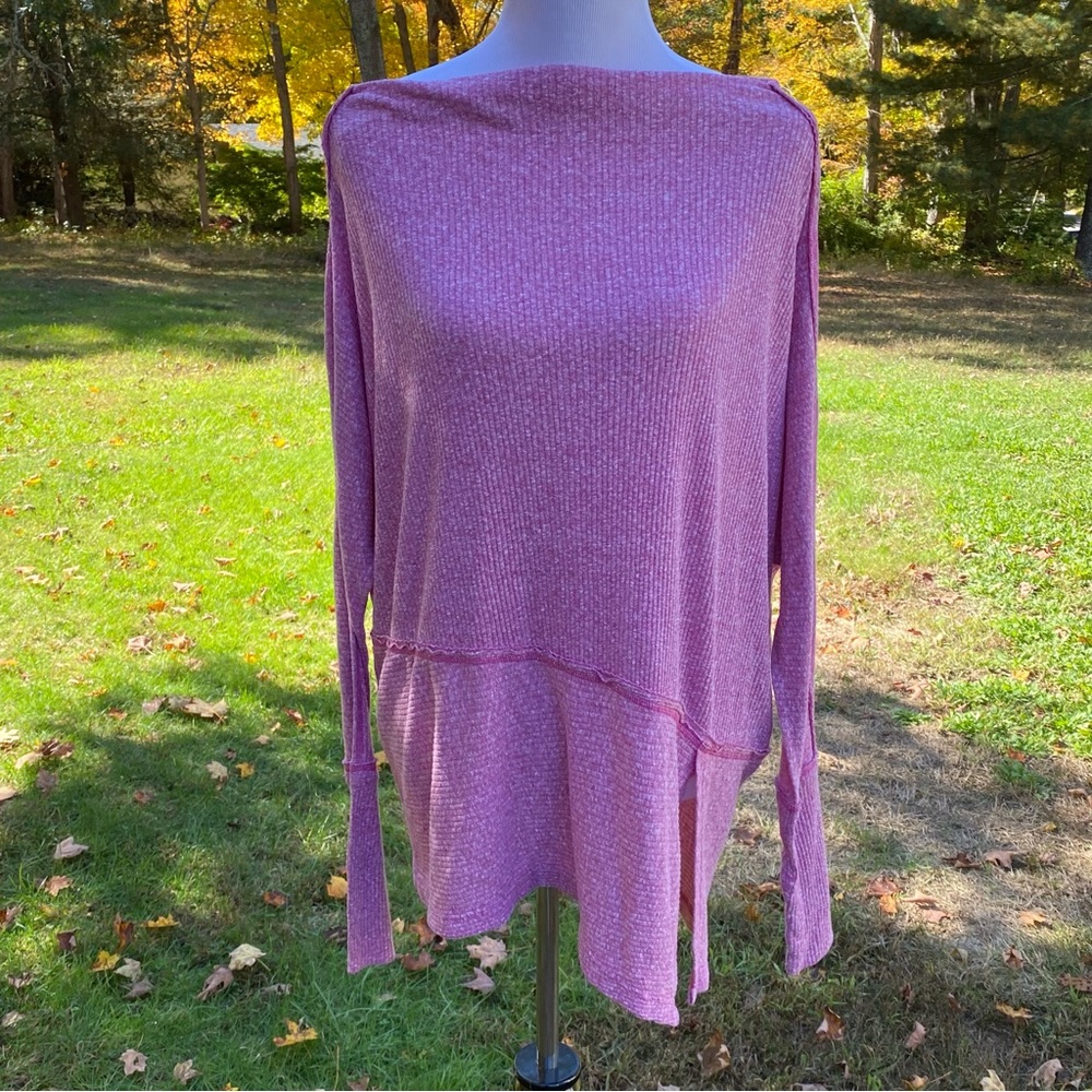 WE THE FREE TOP TUNIC PINK RIBBED BOAT NECK LONG SKINNY SLEEVES SIZE S